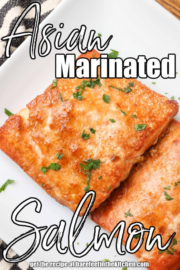 caramelized cooked salmon filets on a white plate with chopped parsley garnish and text overlay describing the photo