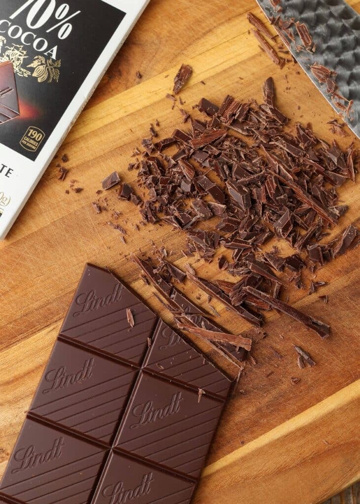 chopped chocolate on cutting board