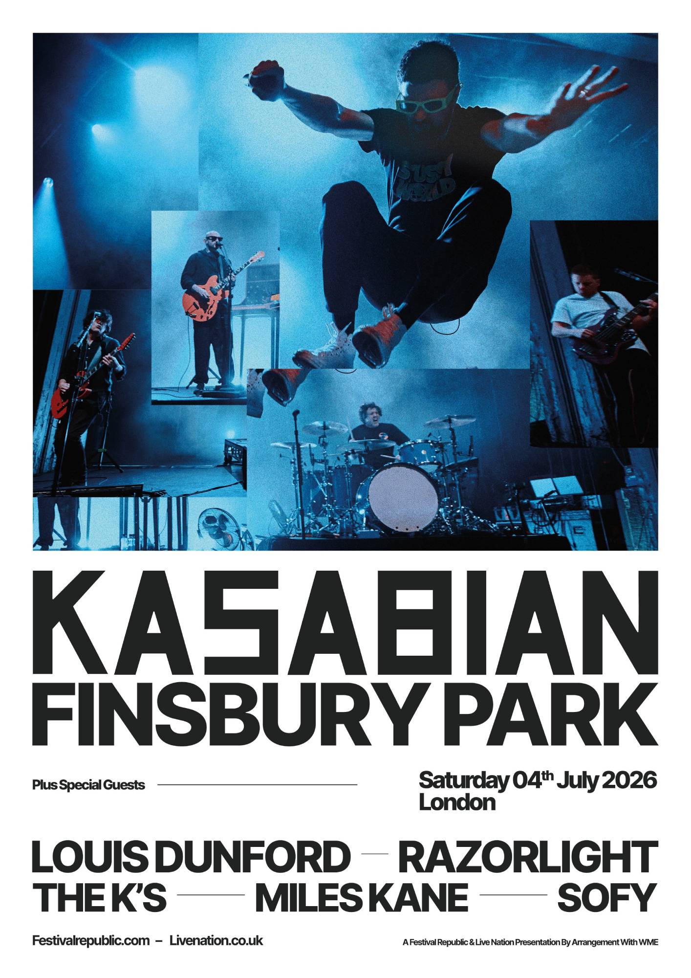 The line-up poster for Kasabian's huge 2026 London Finsbury Park show. Credit: Press