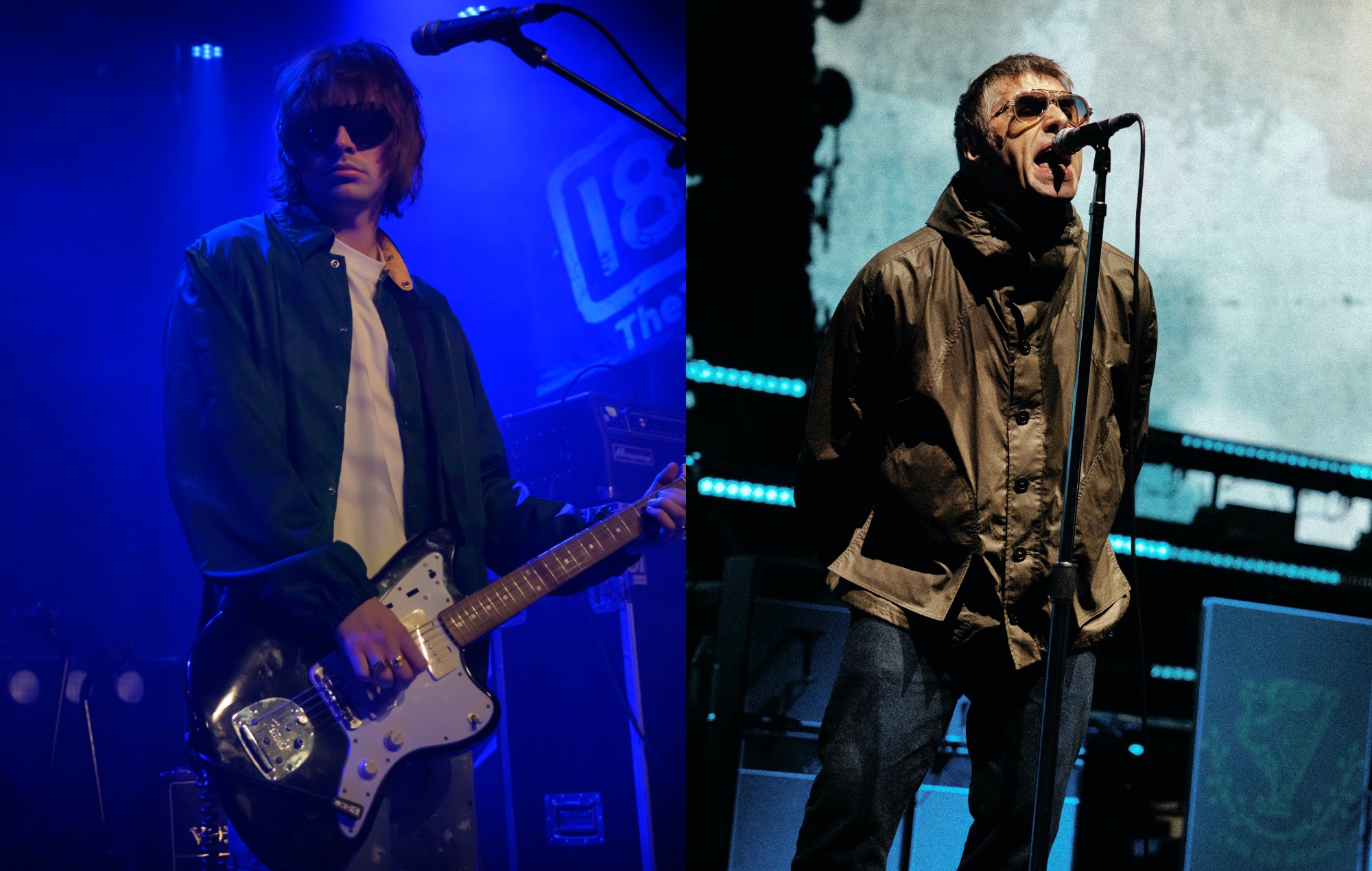two side by side photographs of Gene Gallagher (left) and Liam Gallagher (right) performing live on stage