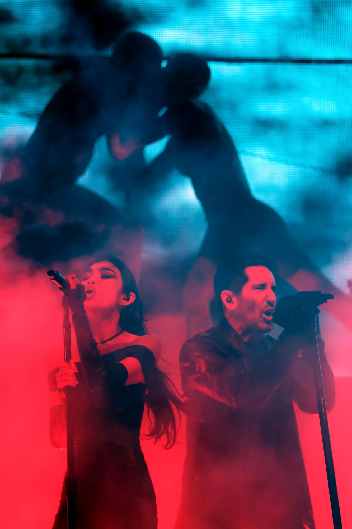 Mariqueen Maandig and Trent Reznor of Nine Inch Noize perform at the Sahara Tent during the 2026 Coachella Valley Music and Arts Festival at Empire Polo Club on April 11, 2026 in Indio, California. (Photo by Matt Winkelmeyer/Getty Images for Coachella)