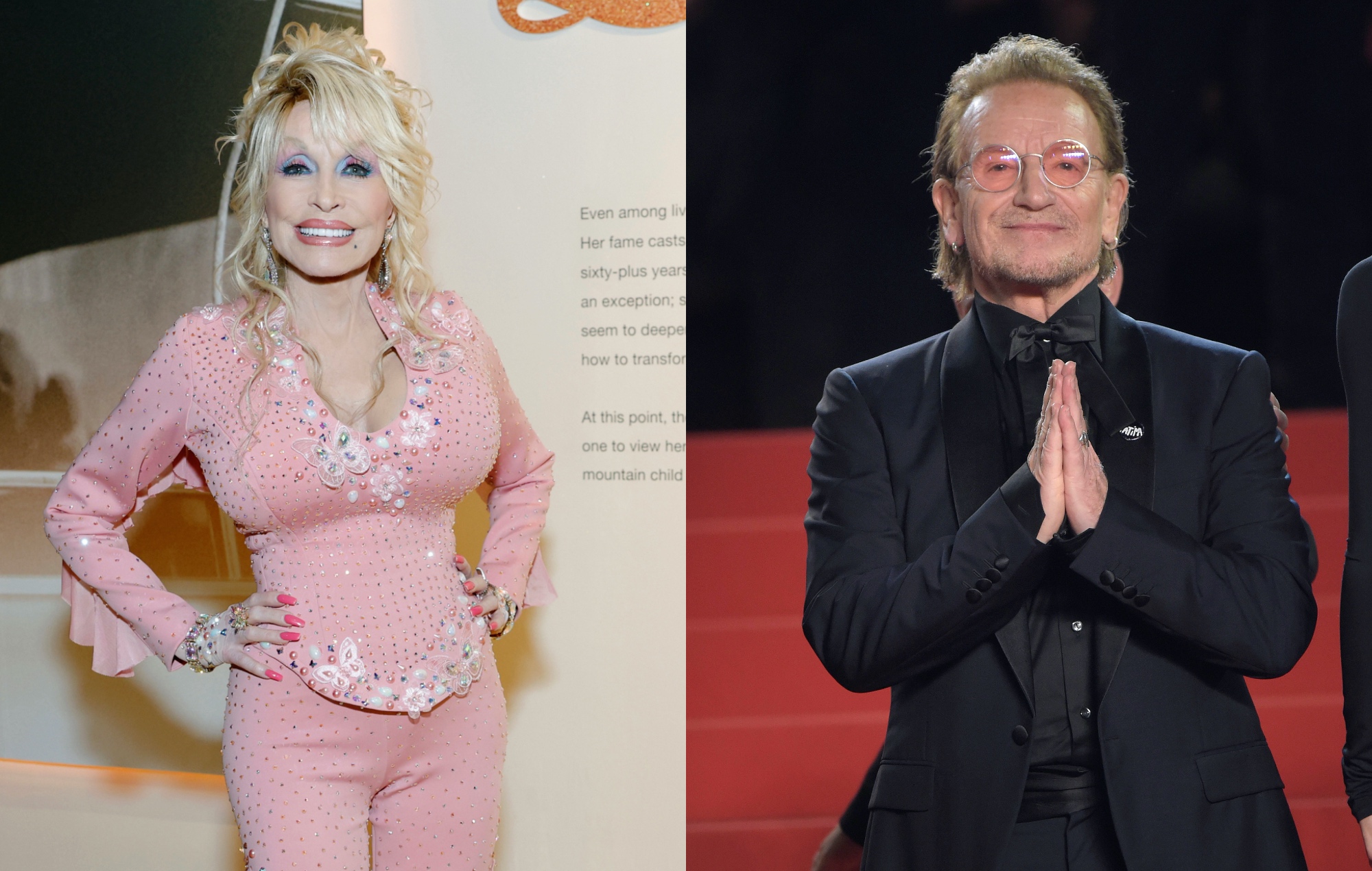 two side by side pictures of Dolly Parton (left) and U2's Bono (right)