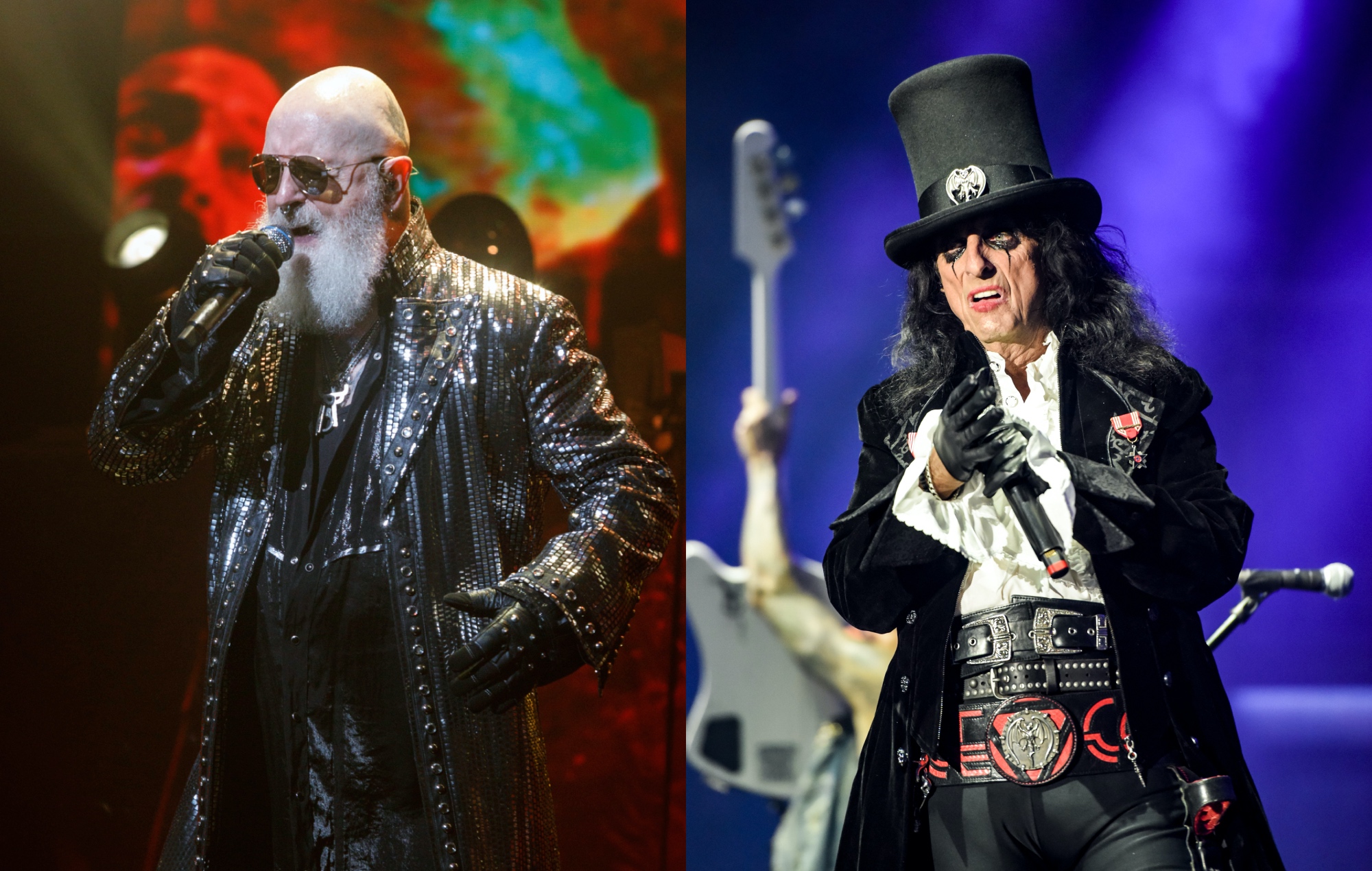 two side by side pictures of Rob Halford from Judas Priest (left) and Alice Cooper (right) performing live on stage