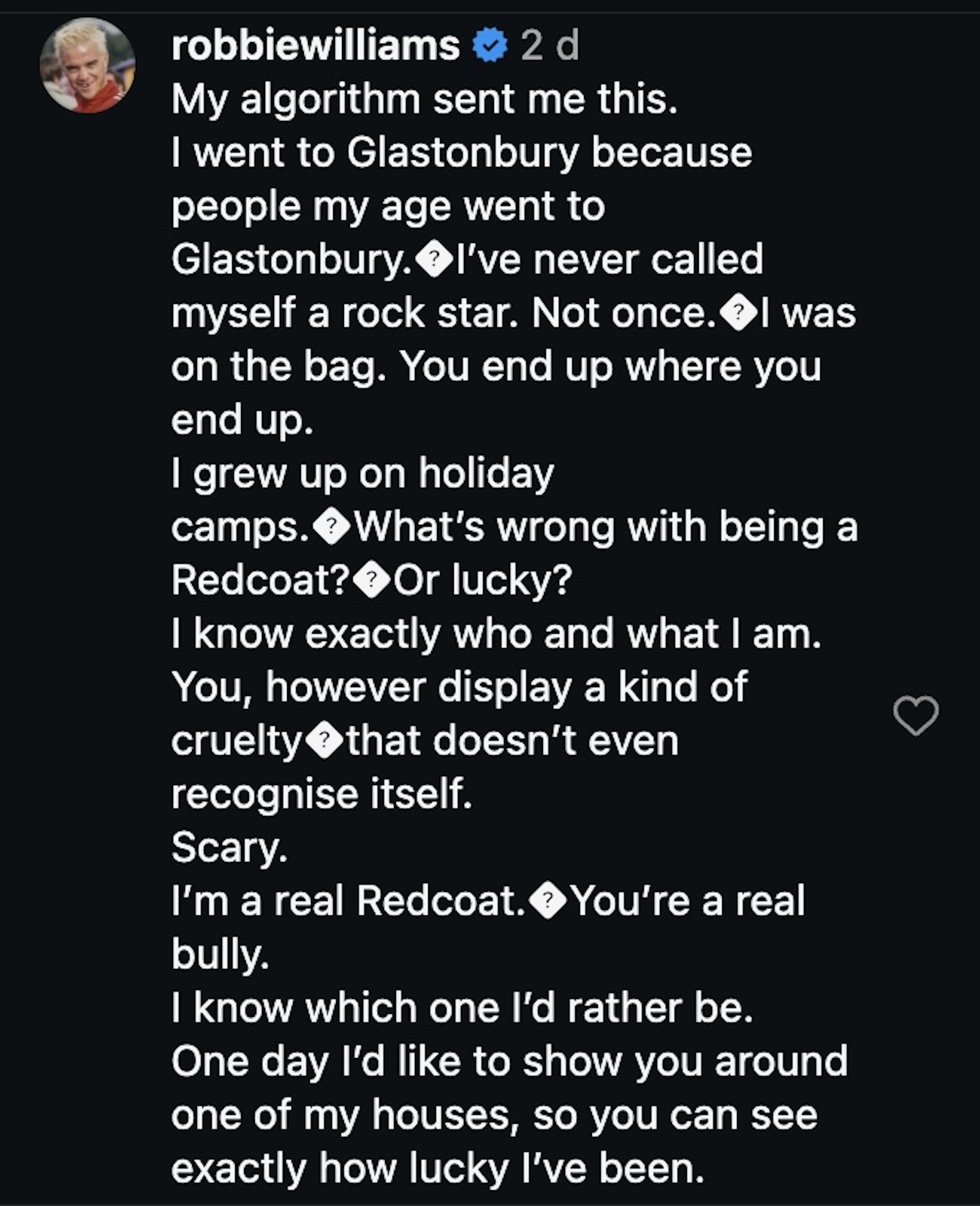 Robbie Williams comment on @theworldcupof Instagram post