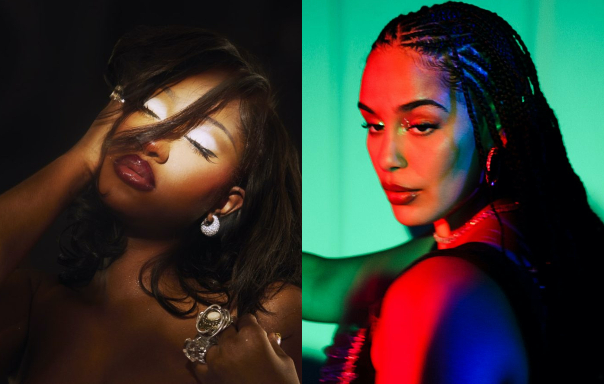 two side by side press pictures of Tems (left) and Jorja Smith (right)