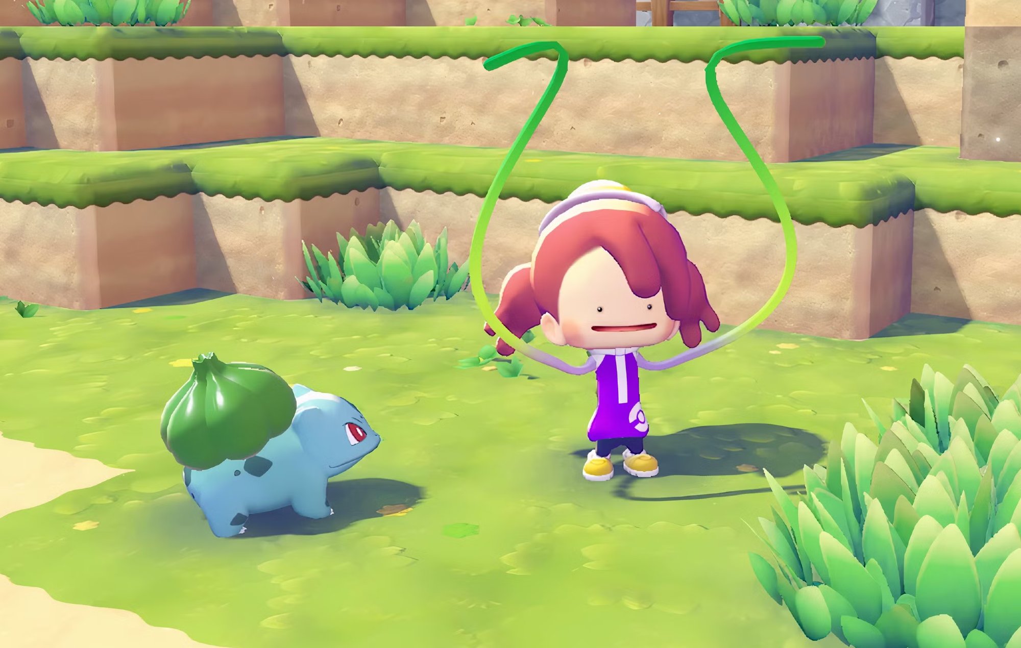 Pokémon Pokopia Move Pokémon Between Areas: The player can be seen with a Bulbasaur.