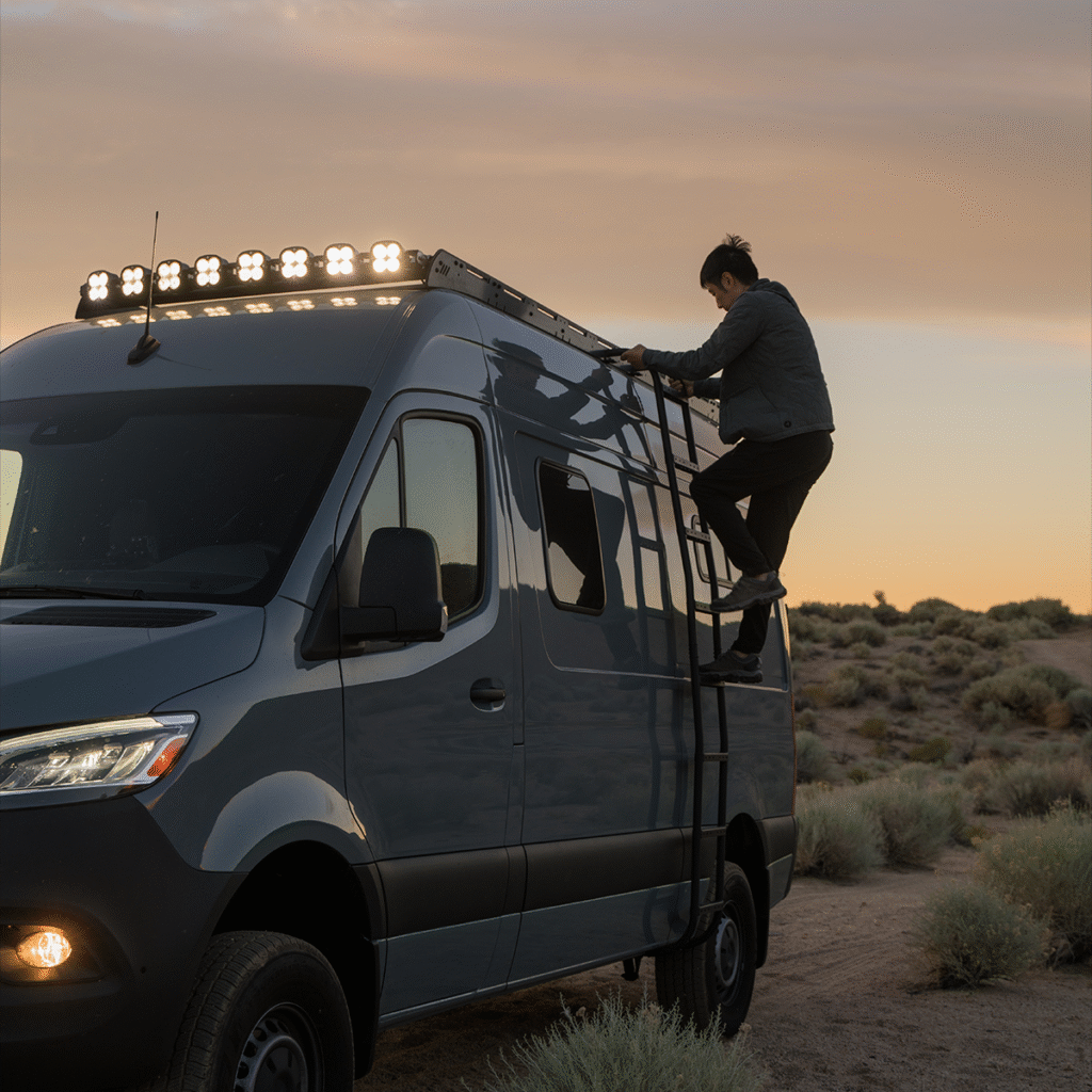 Man climbing down side ladder of a van