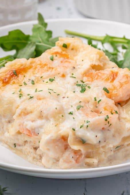 Seafood Lasagna with crab and shrimp in a bechamel sauce.