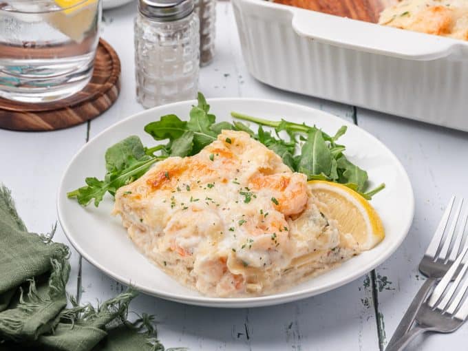 Seafood Lasagna with crab and shrimp in a bechamel sauce. 