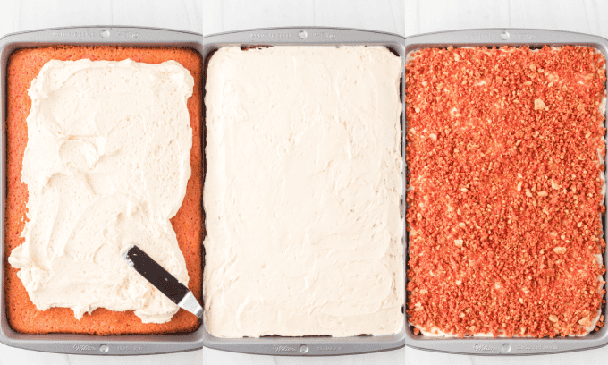 Process photos showing how to frost and decorate a strawberry crunch topping cake.