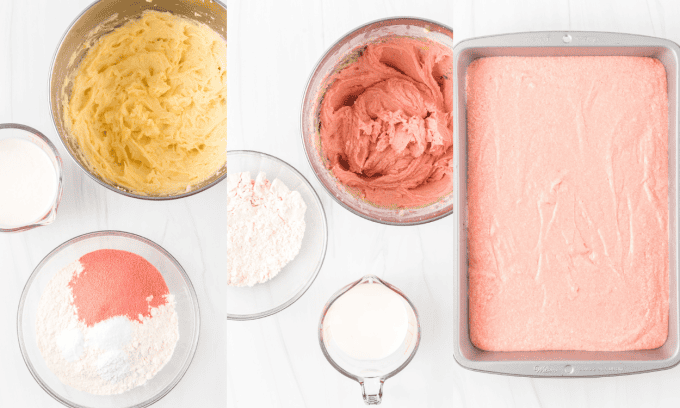 Process steps for making a Strawberry Crunch Cake from scratch.