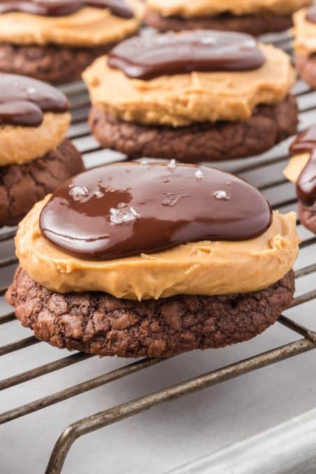 A Buckeye Brownie Cookie with chocolate and peanut butter. 