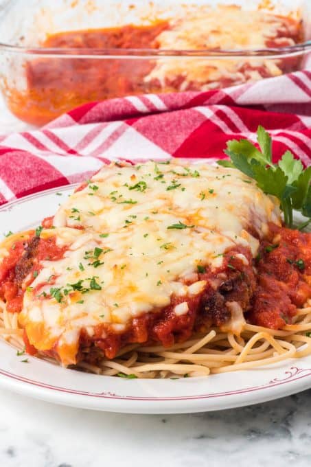 Italian chicken with a breadcrumb and Parmesan cheese coating, fried and then baked in pasta sauce.