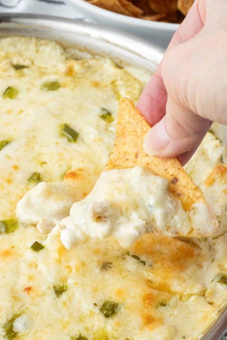 Hot chicken dip with cheese, enchilada sauce, jalapeno and chiles.