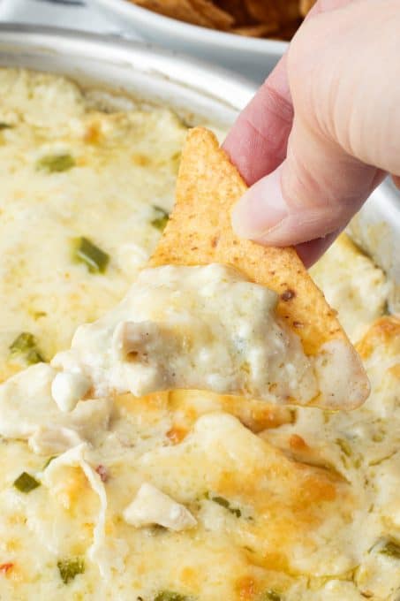 Dipping into a cheesy enchilada dip with chicken.