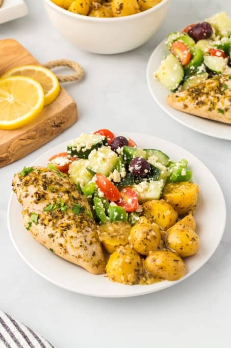 Chicken breasts baked in a Greek lemon sauce.