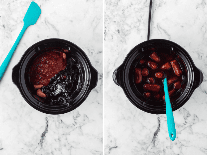 Grape jelly, chili sauce, cocktail sausages in slow cookers with a spatula.