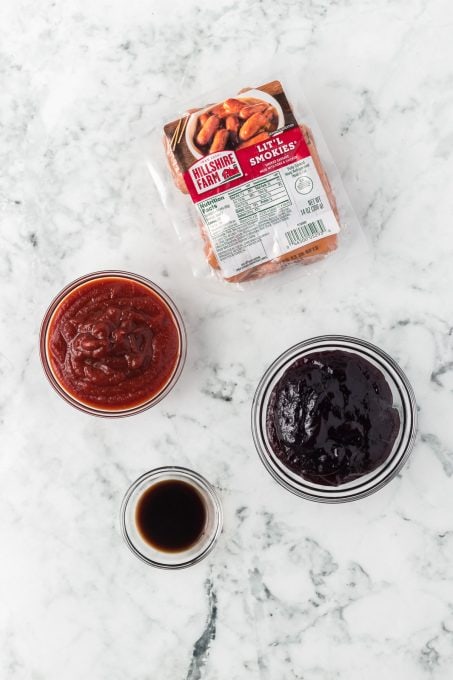 Smoked sausages, chili sauce, grape jam and Worcestershire sauce.