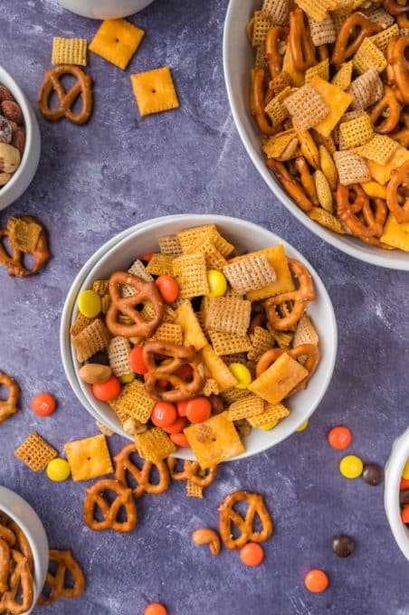 A snack mix made with Chex cereal, pretzels, crackers, and chocolate candies.