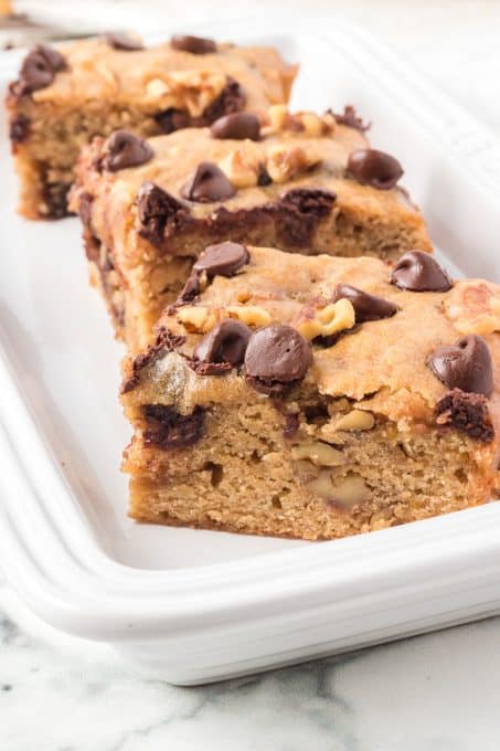 Blondies made with chocolate chips, banana and walnuts.