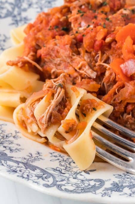 A bit of shredded pork in a tomato sauce.