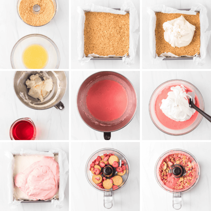 9 process photos to make a no bake strawberry bar dessert.