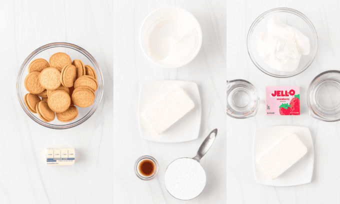 Ingredients for no bake Strawberry Crunch Dream Bars.