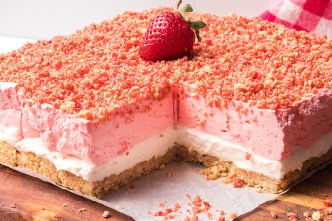 A section cut from Strawberry Shortcake Bars.