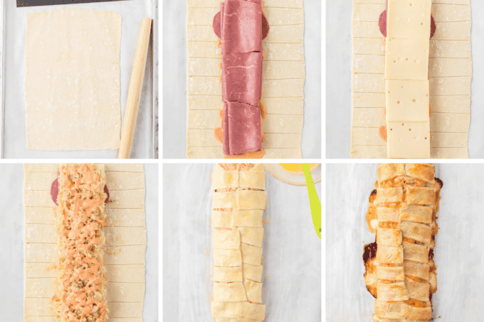 Process photos to make a Reuben puff pastry braid.