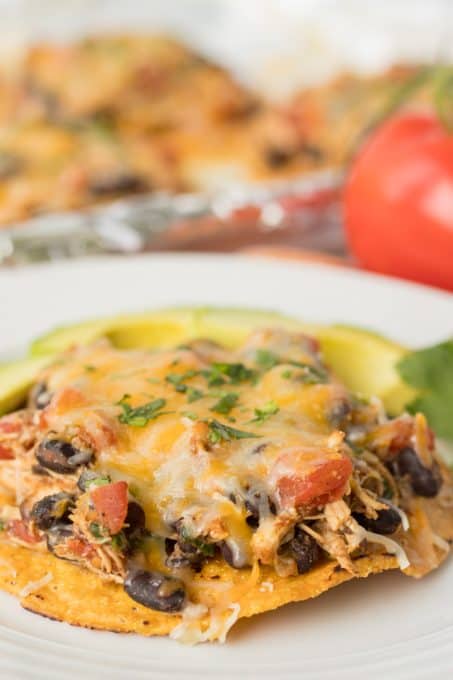 An easy Chicken Tostada on a plate. 