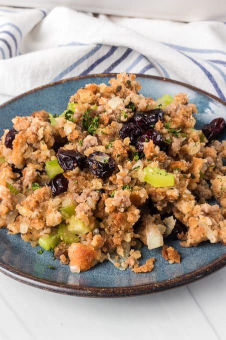 Sausage, celery, and dried cranberries are added to this Thanksgiving stuffing.