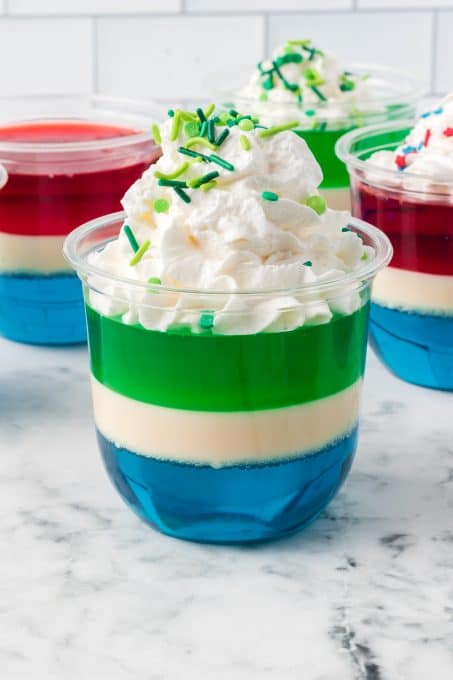 Green, white, and blue Jello cups for the Seattle Seahawks.