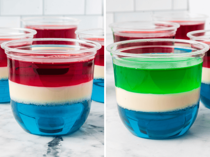 Red, white, and blue jello cups representing the New England Patriots and green, white, and blue gelatin cups representing the Seattle Seahawks.