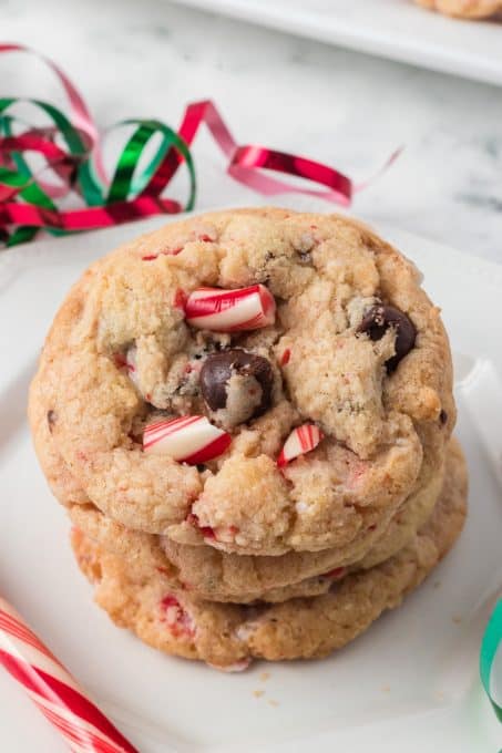 Candy Cane Peppermint Cookies with chocolate chips.