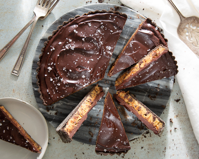 Cookie dough tart sliced overhead
