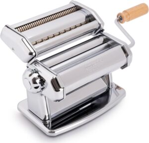 Manual pasta roller machine with a wooden crank handle for rolling dough into sheets.