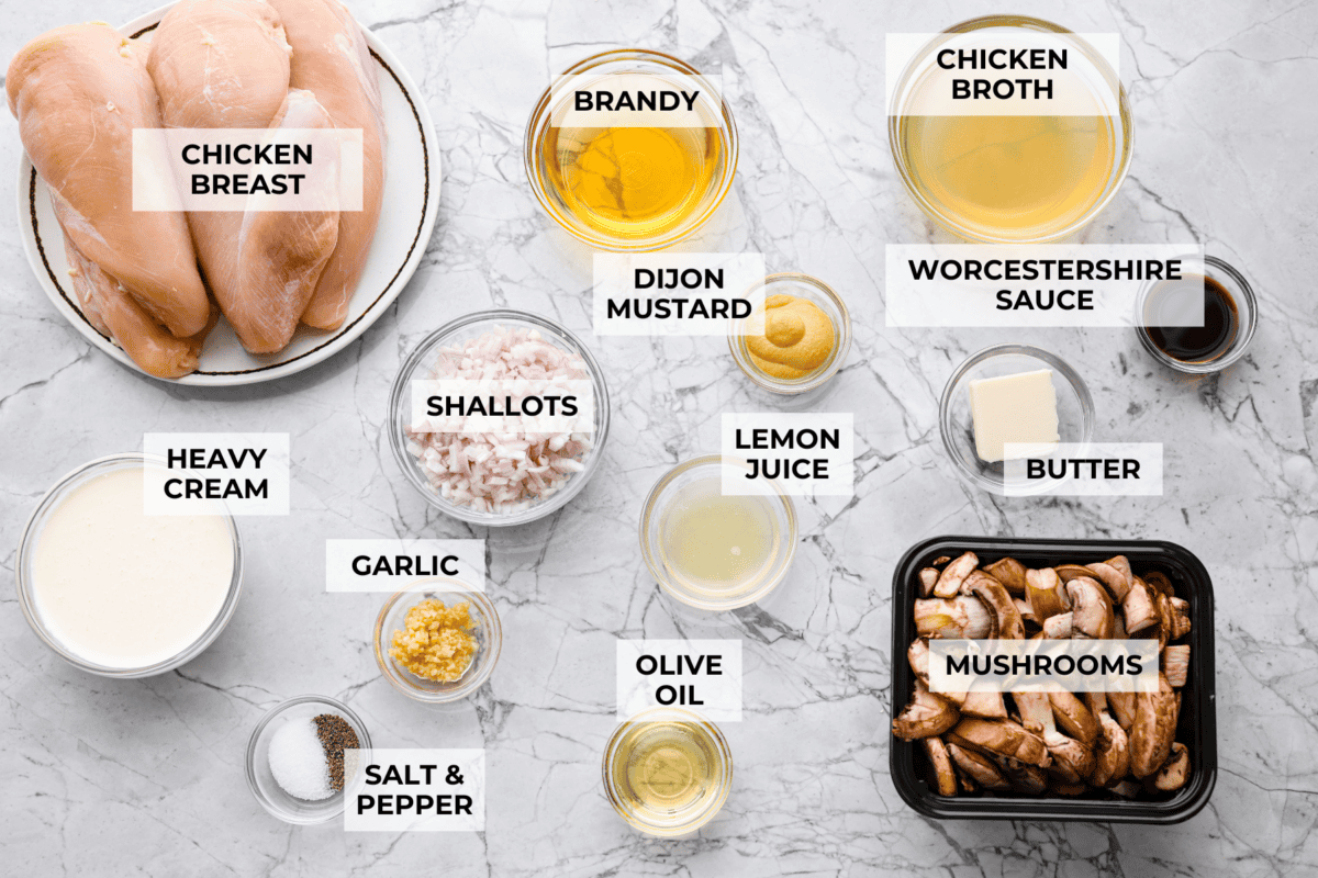Overhead shot of labeled ingredients. 