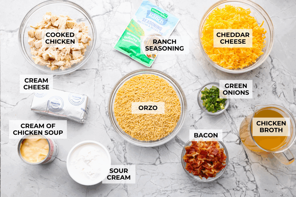 Overhead shot of labeled crack chicken orzo ingredients. 