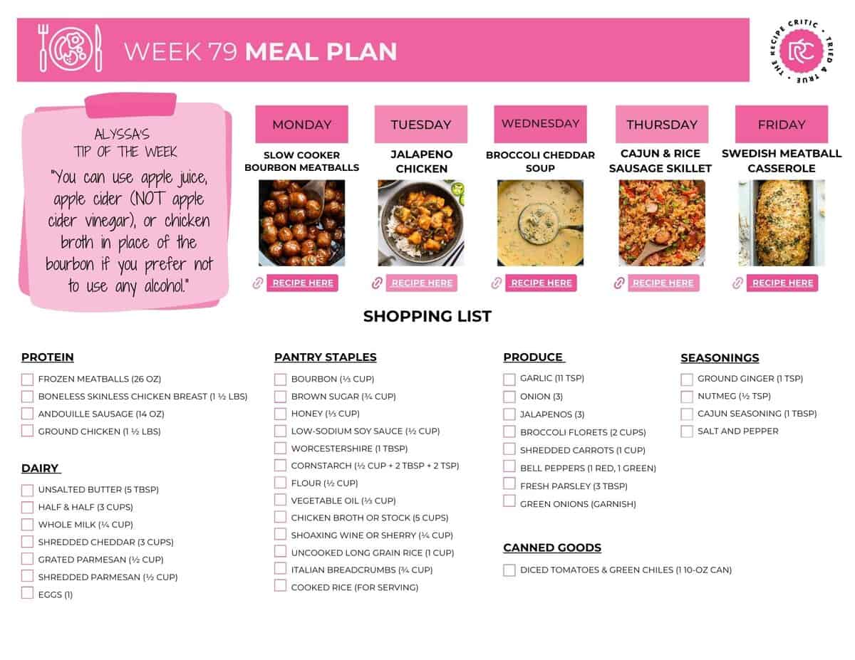 Image of the free shopping list for the weekly meal plan. 