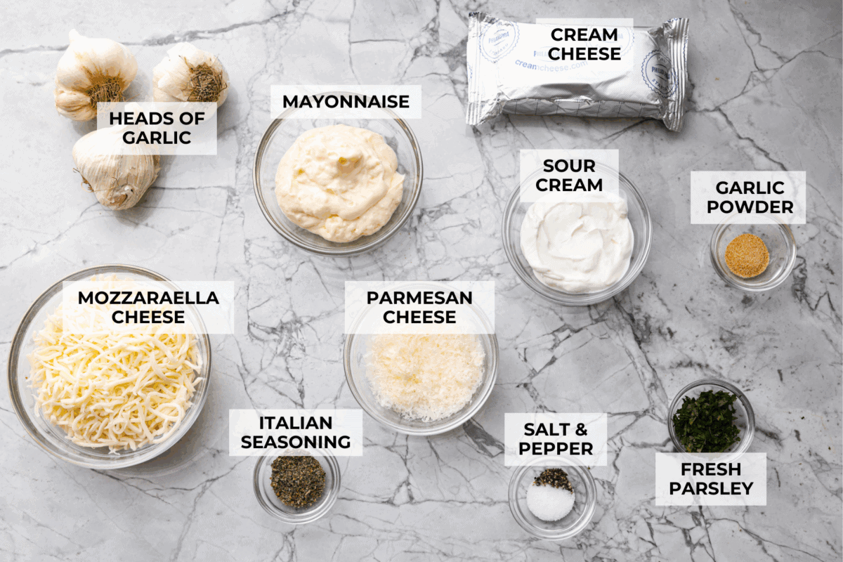 Overhead shot of labeled ingredients. 