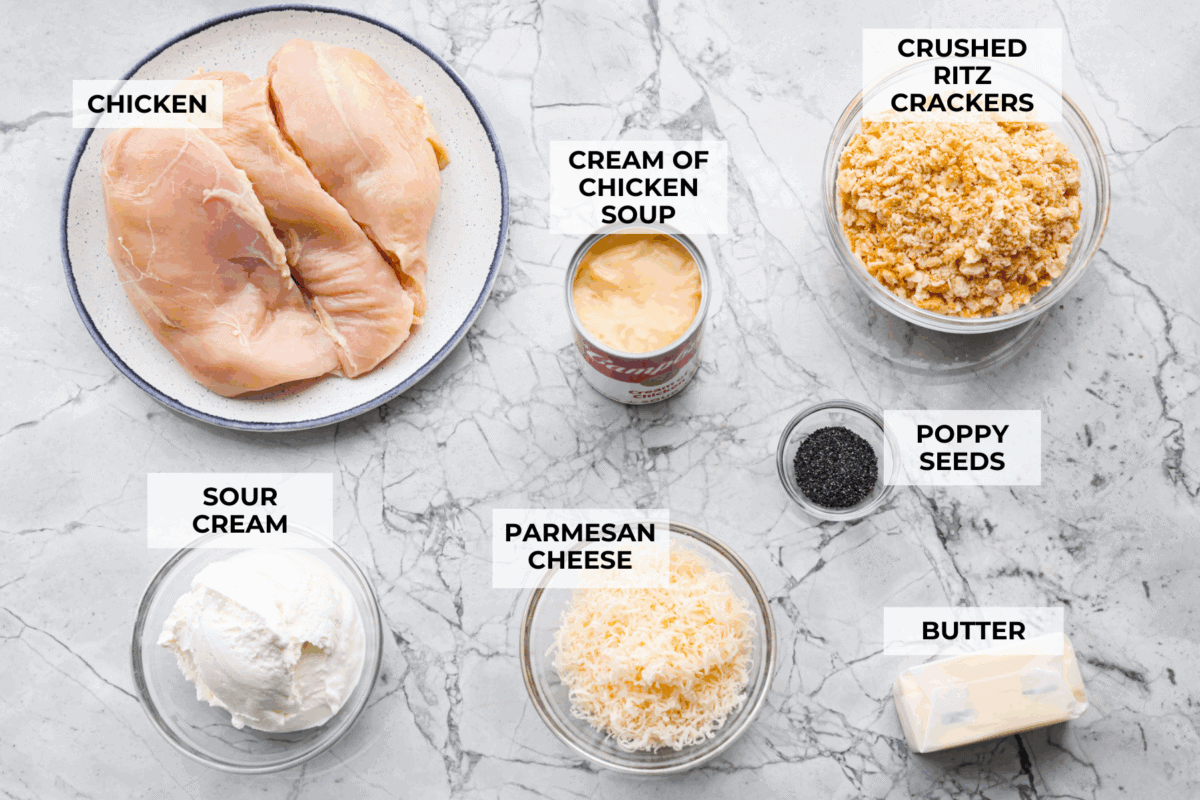 Overhead shot of labeled crockpot poppyseed chicken ingredients. 