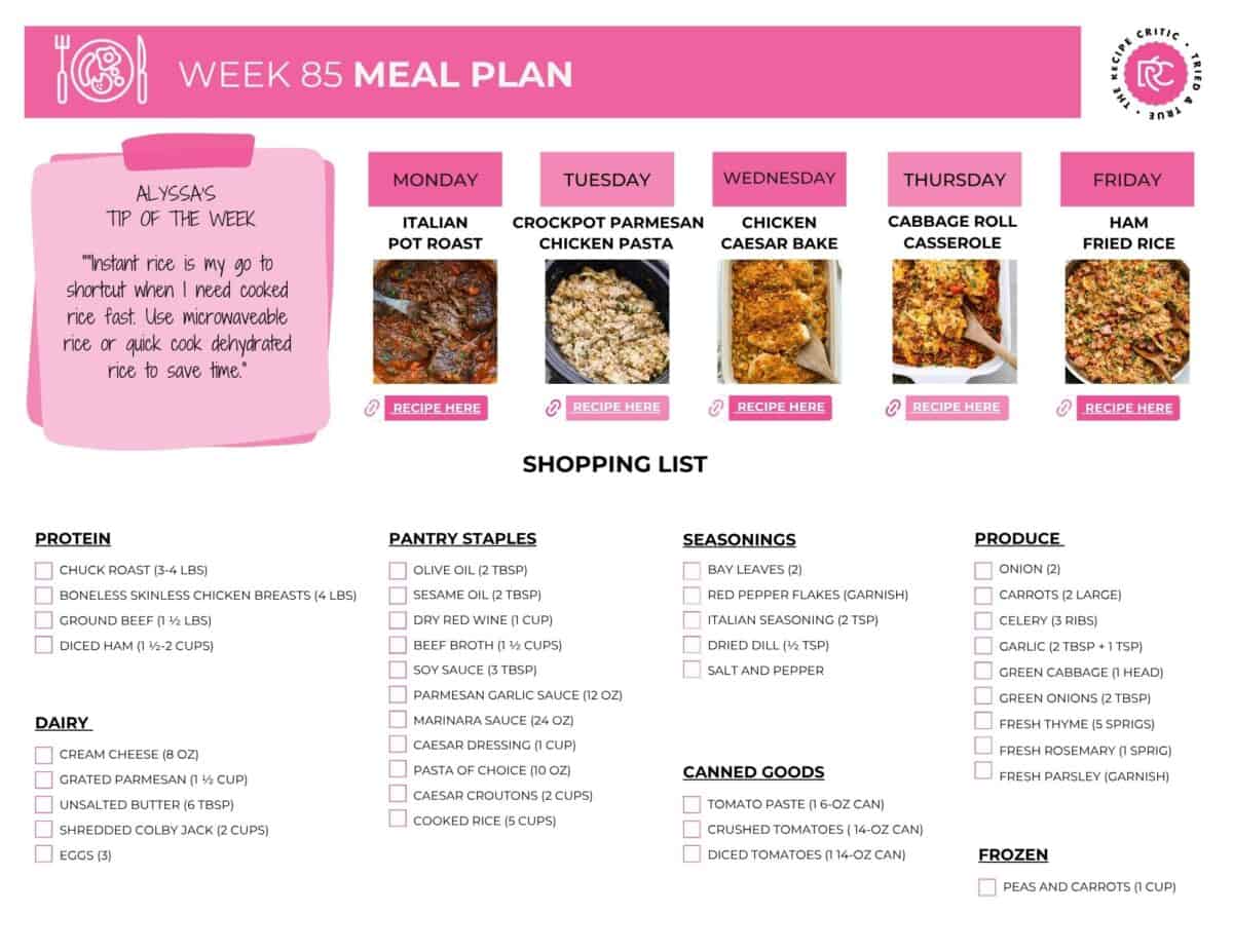 Image of the printable shopping list for this weekly meal plan. 