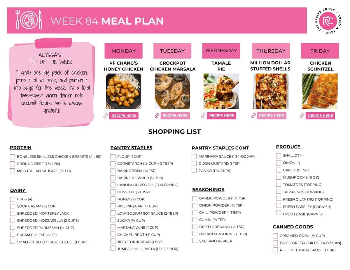 Image of the free printable shopping list for my weekly meal plan.