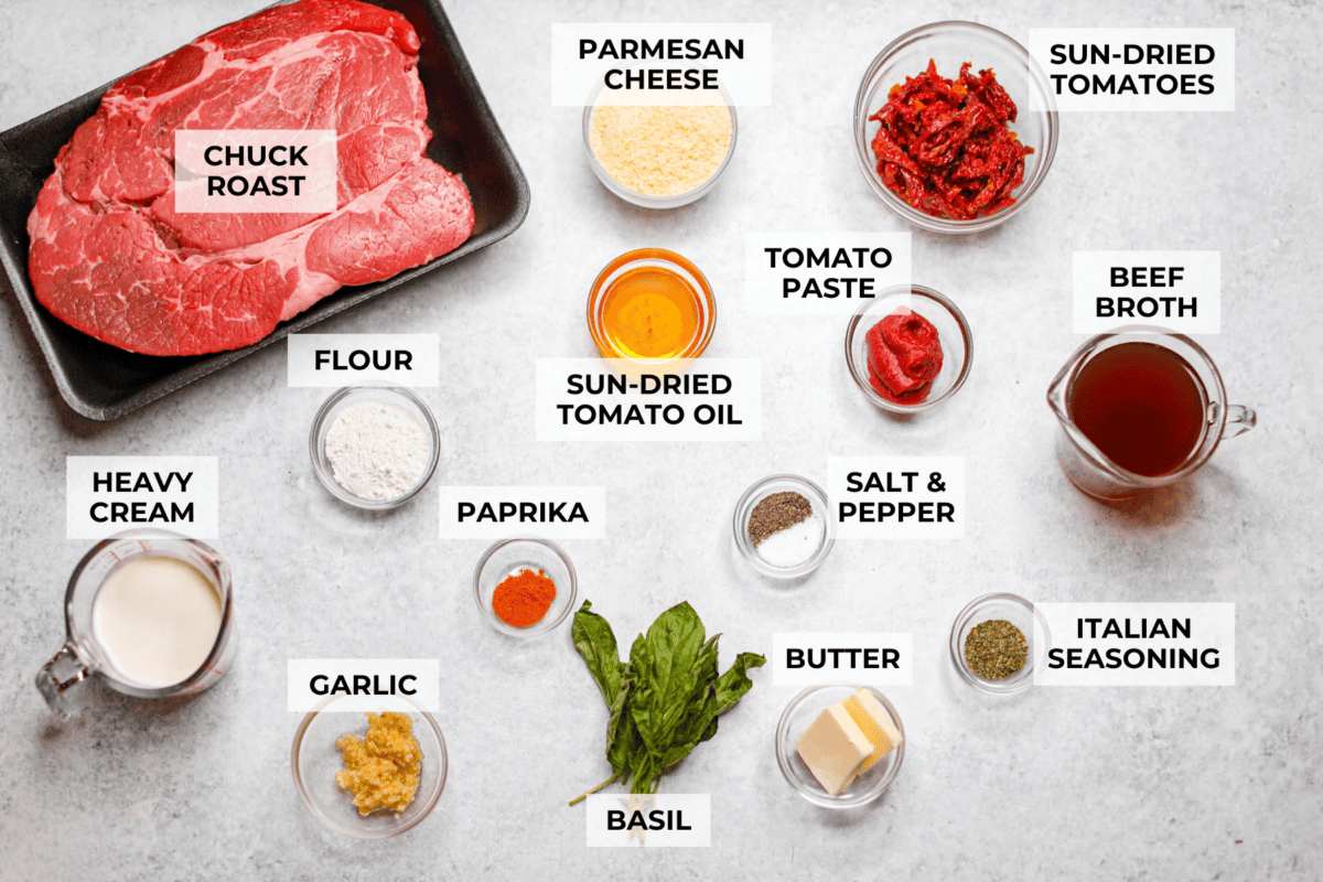 Overhead shot of labeled Marry Me Pot Roast ingredients. 