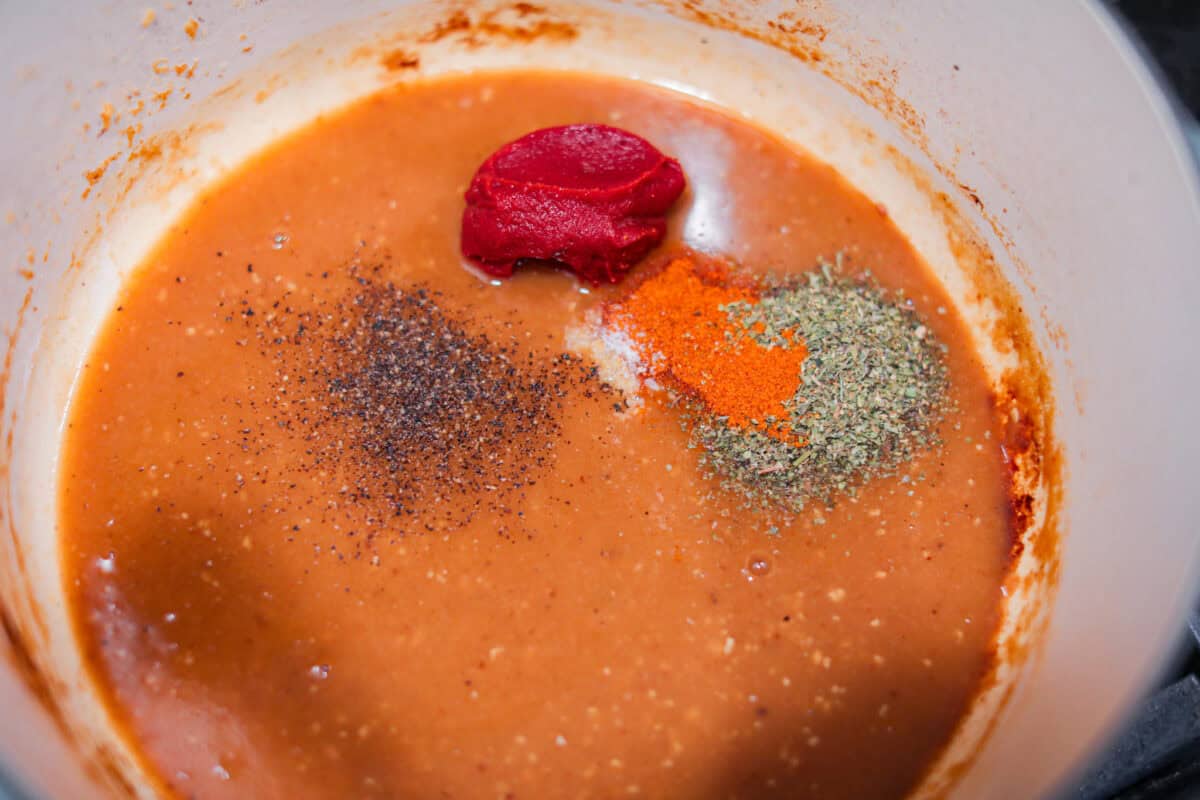 Tomato paste, Italian seasoning, paprika, and sun dried tomatoes added to the sauce. 