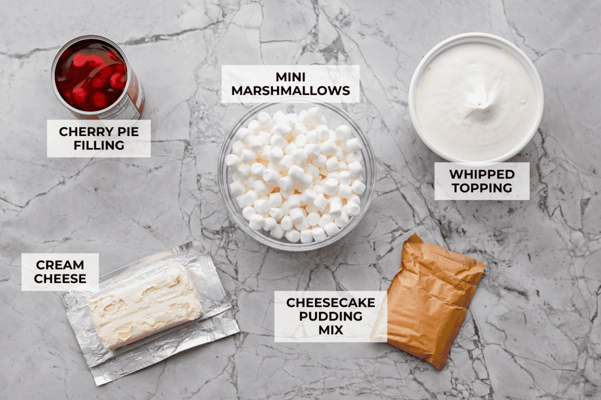 Overhead shot of labeled ingredients. 