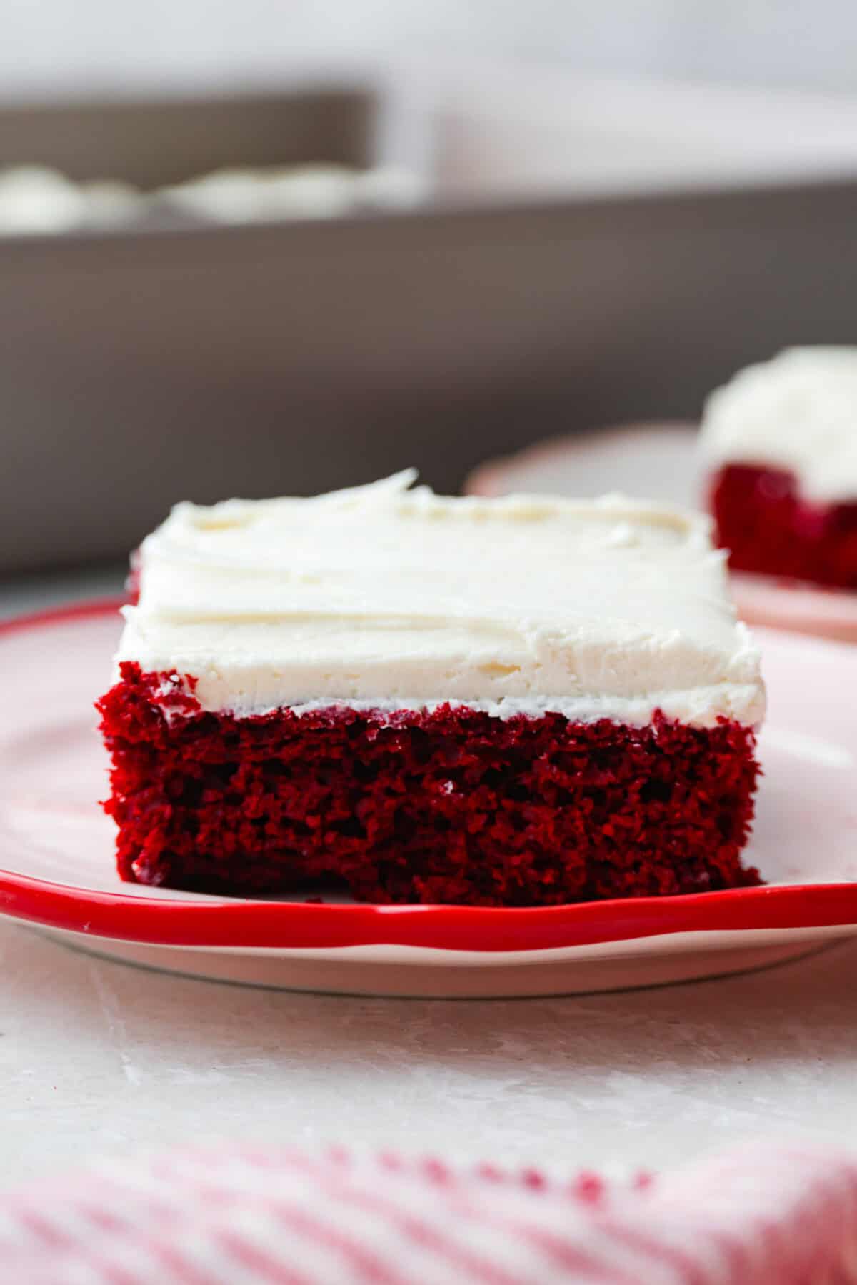 Slice of 2 ingredient red velvet cake on a plate.