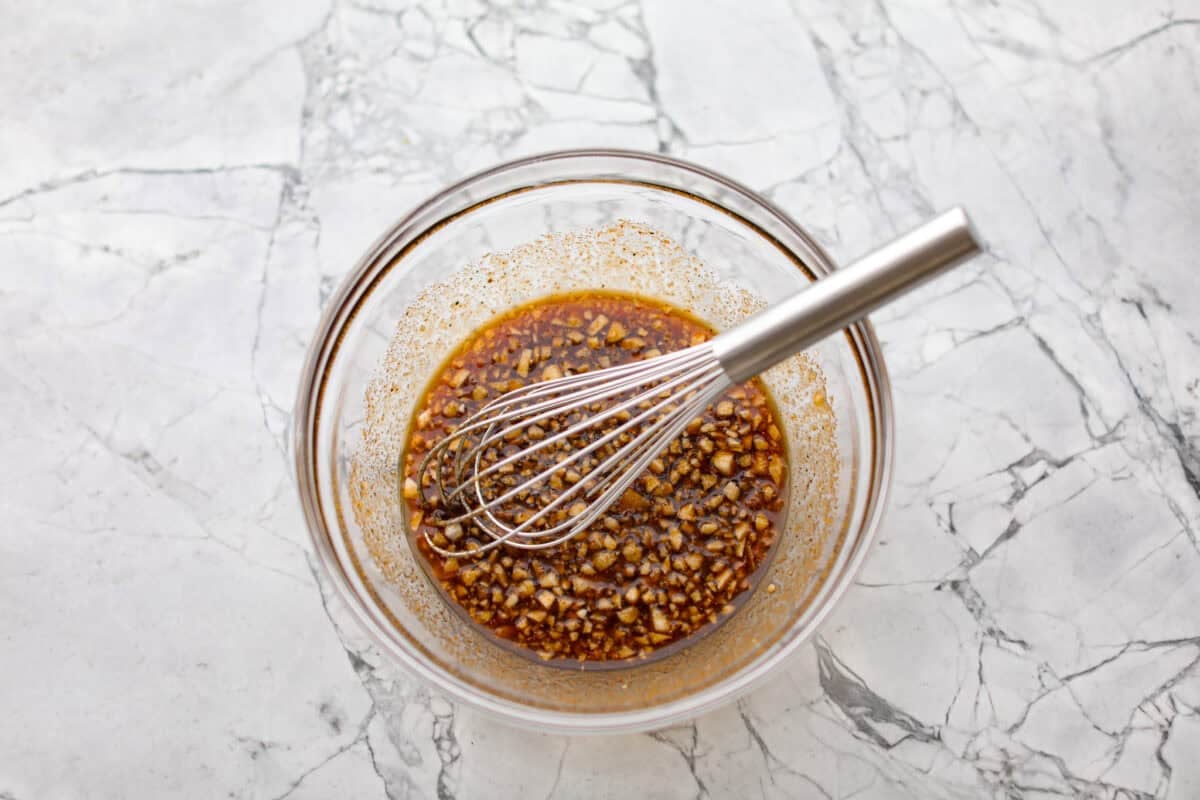 Sauce ingredients whisked together in a bowl. 