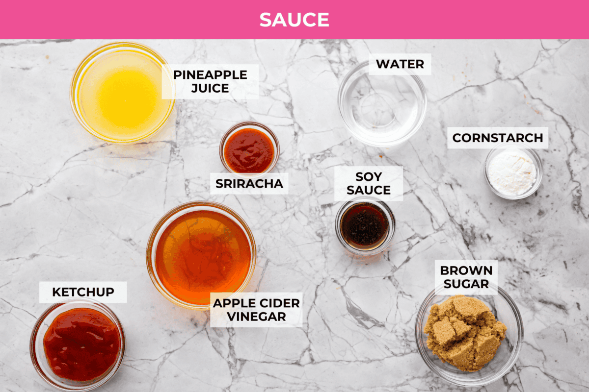 Overhead shot of labeled sauce ingredients. 