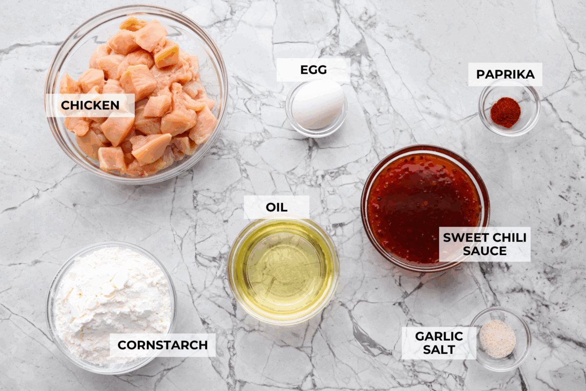 Overhead shot of labeled ingredients. 
